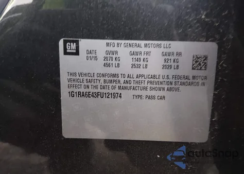 2015 Chevrolet Volt из США, поврежденный, VIN 1G1RA6E43FU121974